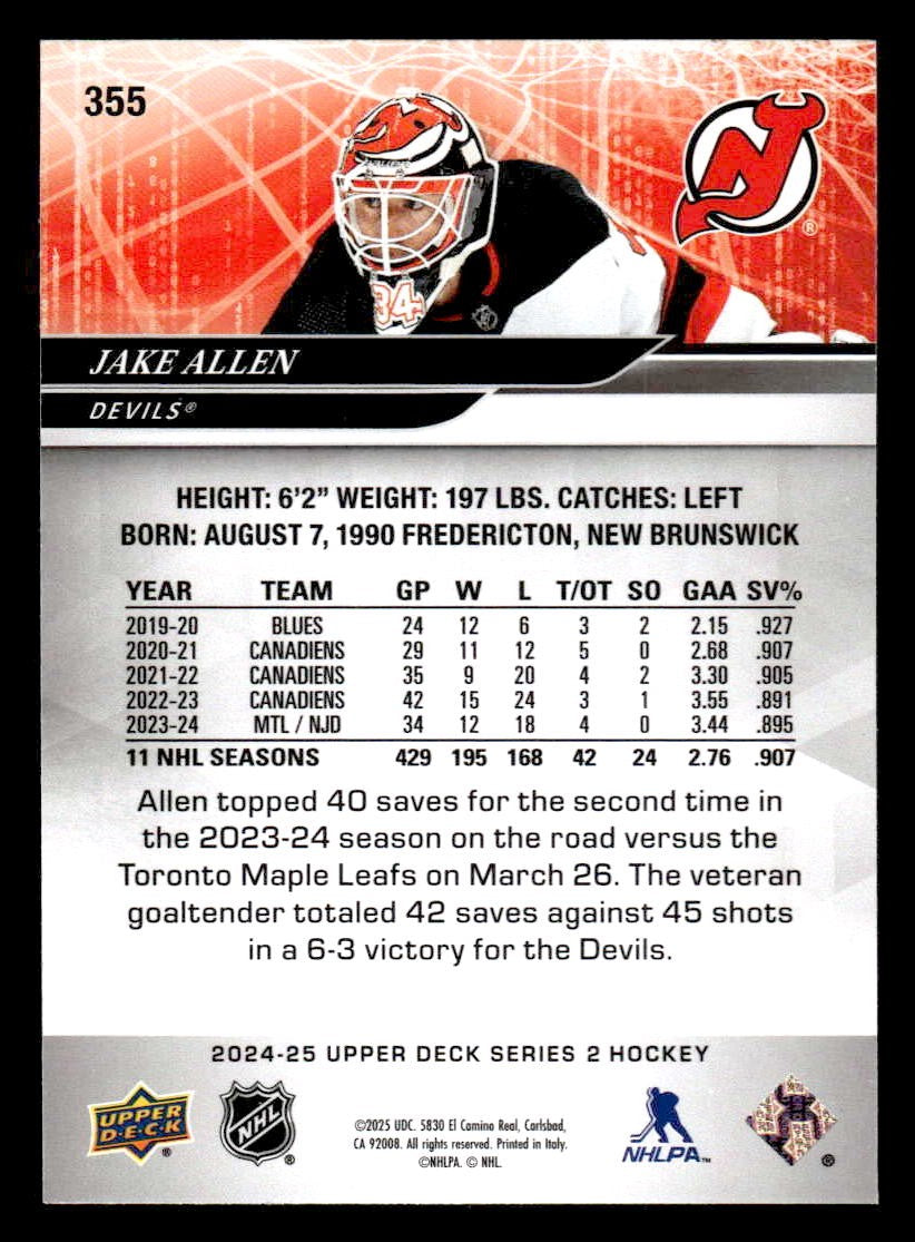 2024-25 Upper Deck #355 Jake Allen