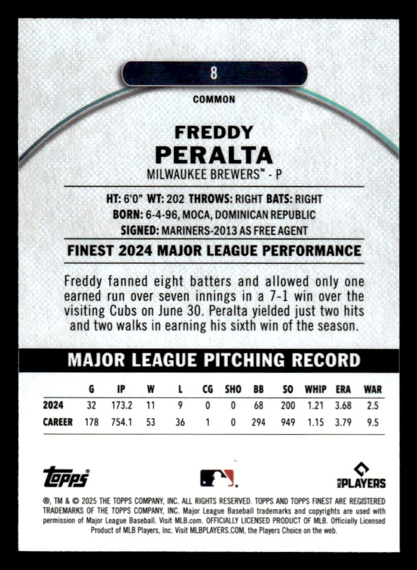 2025 Finest #8 Freddy Peralta Sky Blue #/325