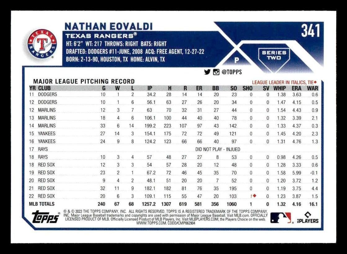 2023 Topps #341 Nathan Eovaldi