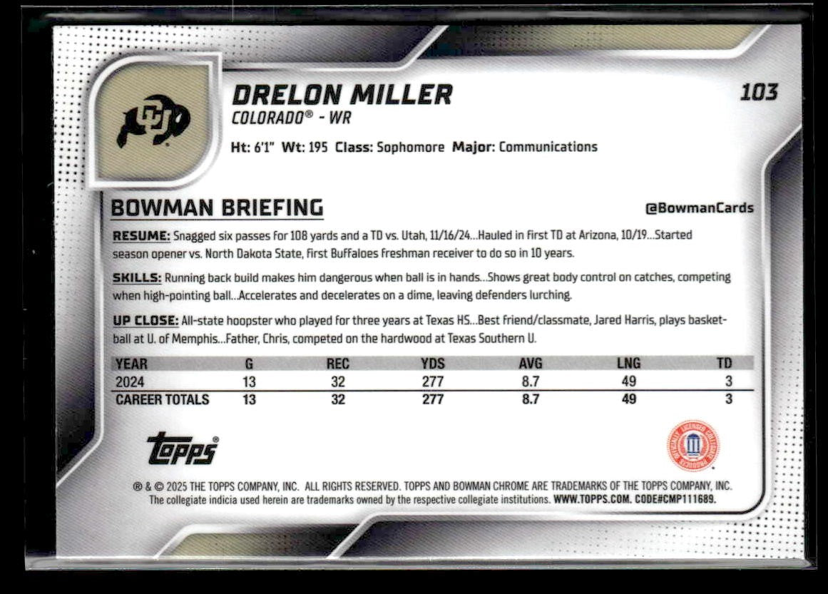 2025 Bowman University Chrome #103 Dre’Lon Miller