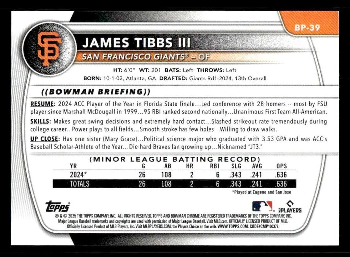 2025 Bowman #BP-39 James Tibbs III Prospects
