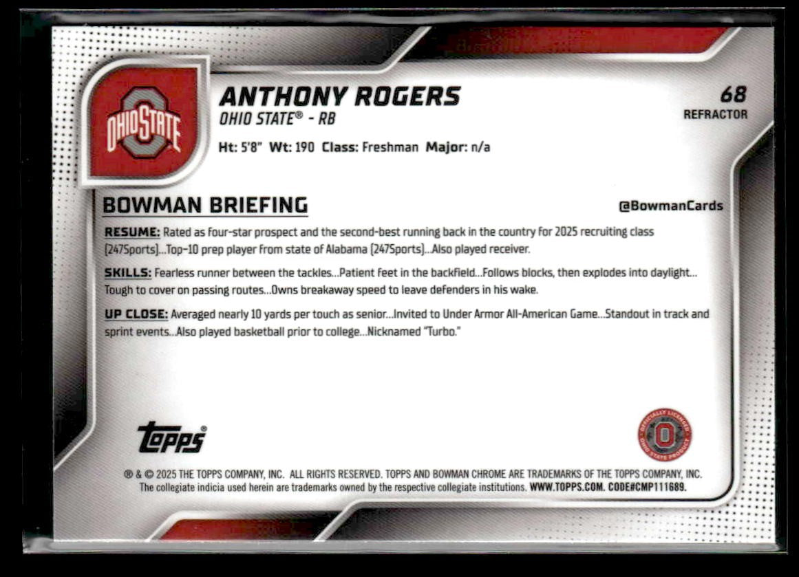 2025 Bowman University Chrome #68 Anthony Rogers Refractor