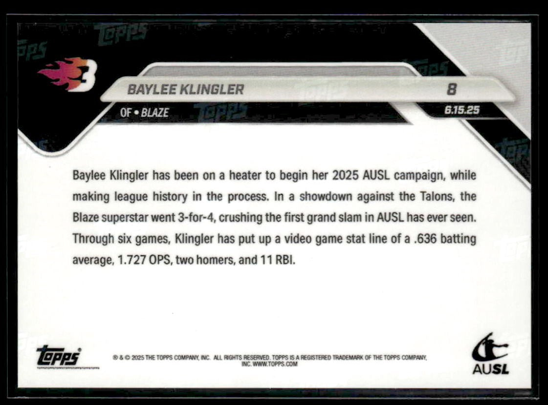 2025 Topps Now AUSL #8 Baylee Klingler 1st Grand Slam in AUSL History