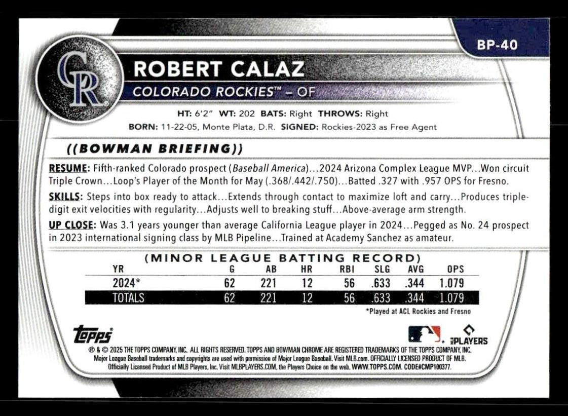 2025 Bowman #BP-40 Robert Calaz Prospects