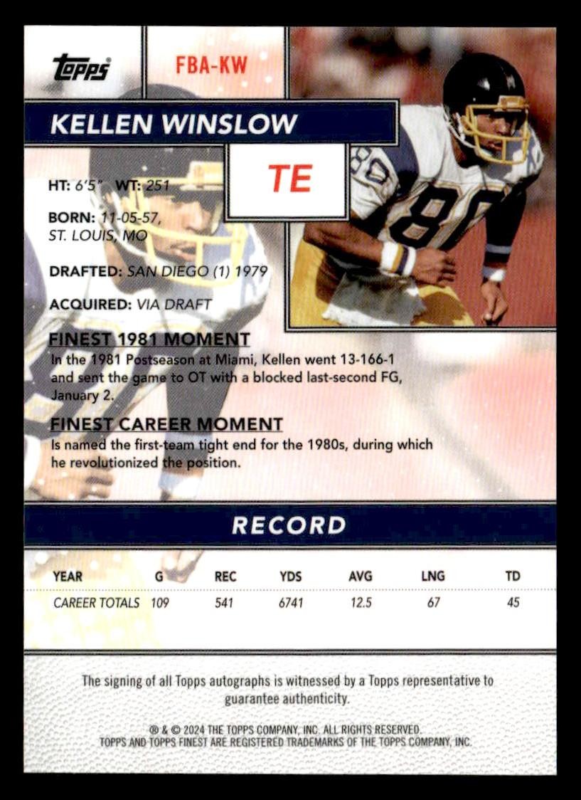 2024 Finest #FBA-KW Kellen Winslow Flashback Autos Blue Geometric Refractor #/99