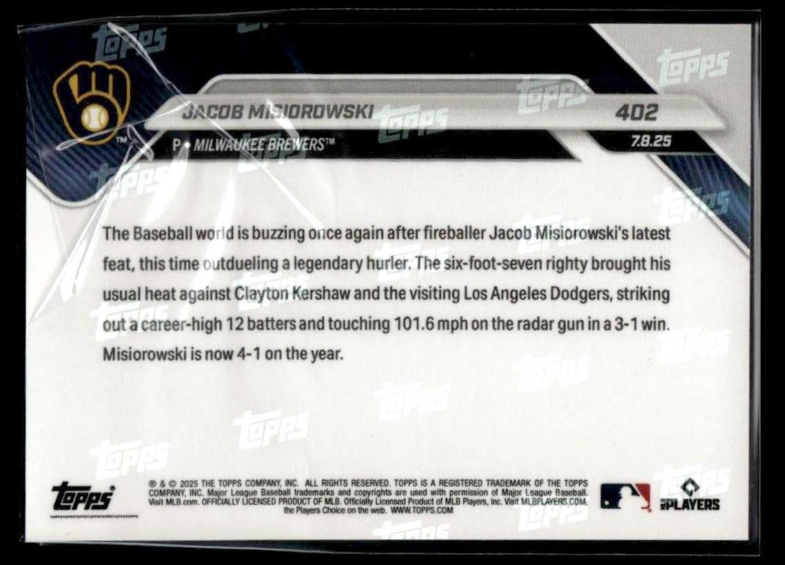 2025 Topps Now #402 Jacob Misiorowski Outduels Kershaw with 12 Ks