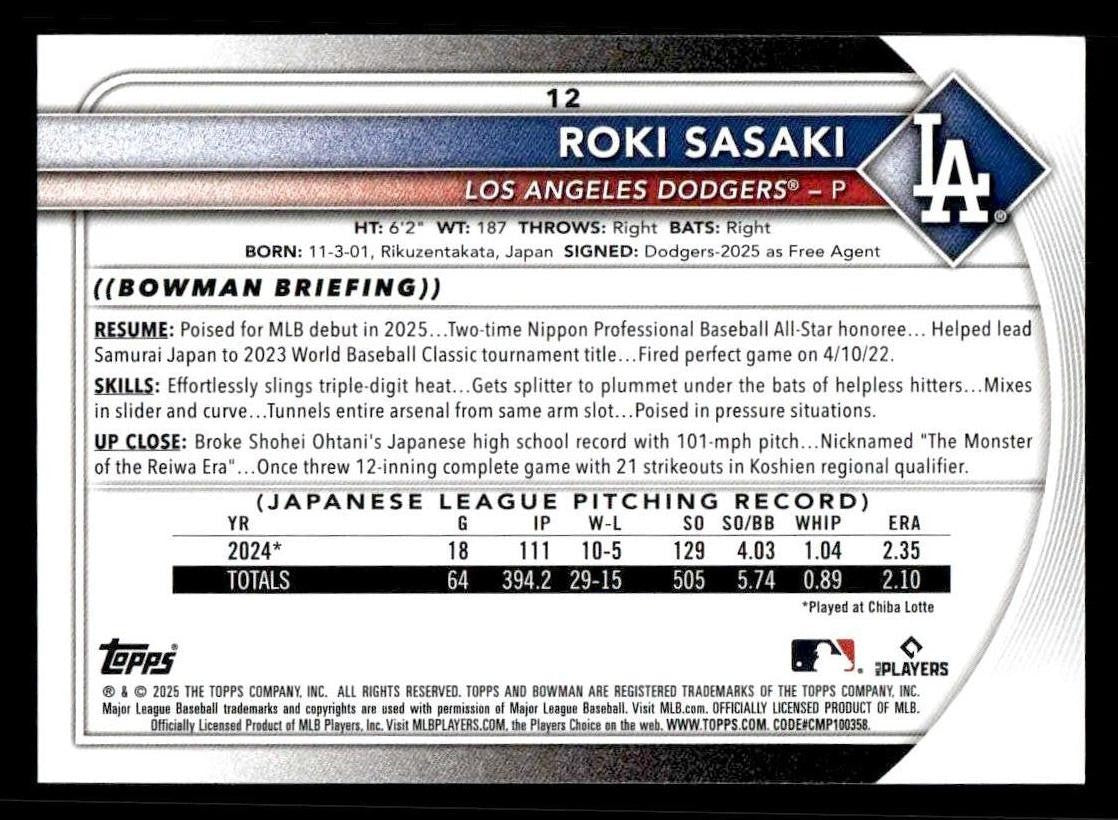 2025 Bowman #12 Roki Sasaki