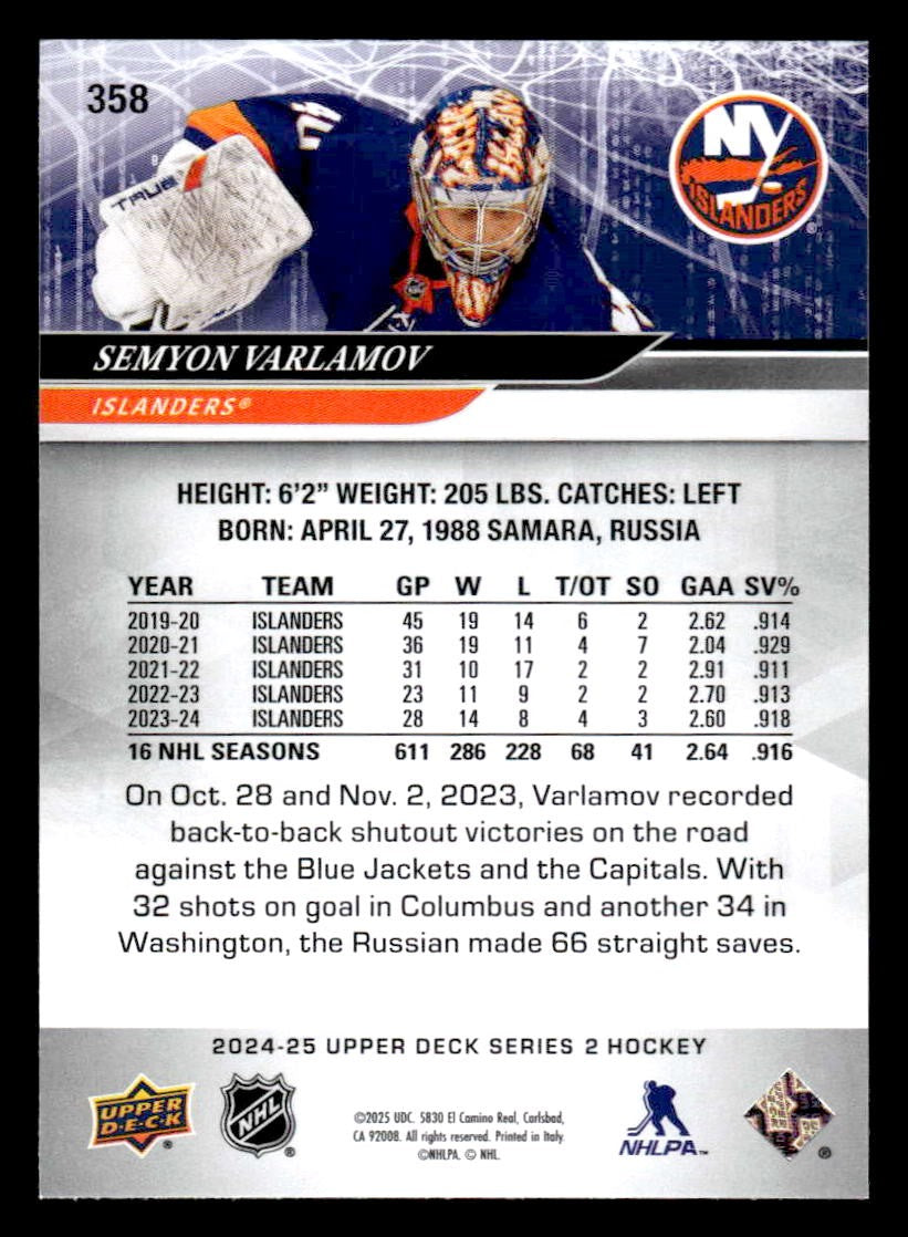 2024-25 Upper Deck #358 Semyon Varlamov