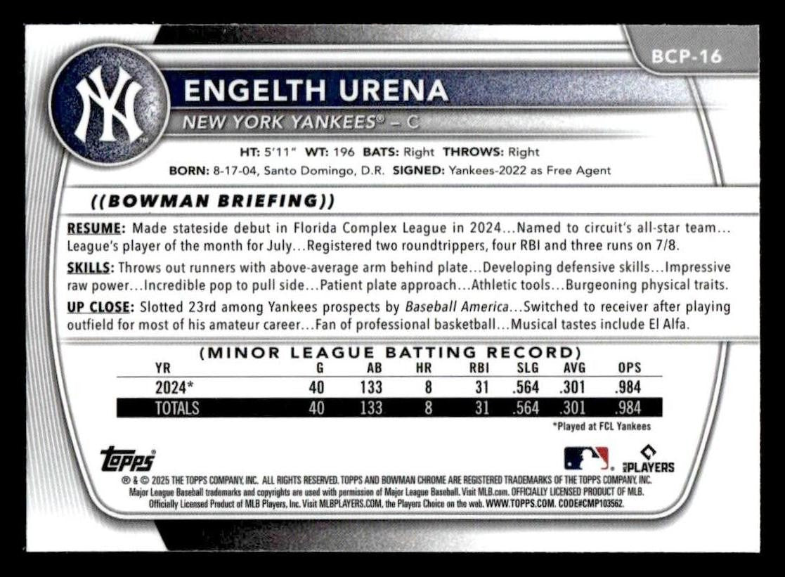 2025 Bowman #BCP-16 Engelth Urena Chrome Prospects