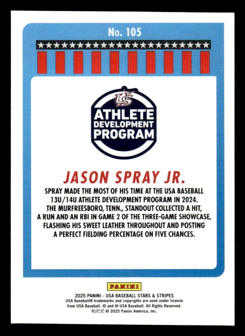 2025 Panini Stars and Stripes USA Baseball #105 Jason Spray Jr.