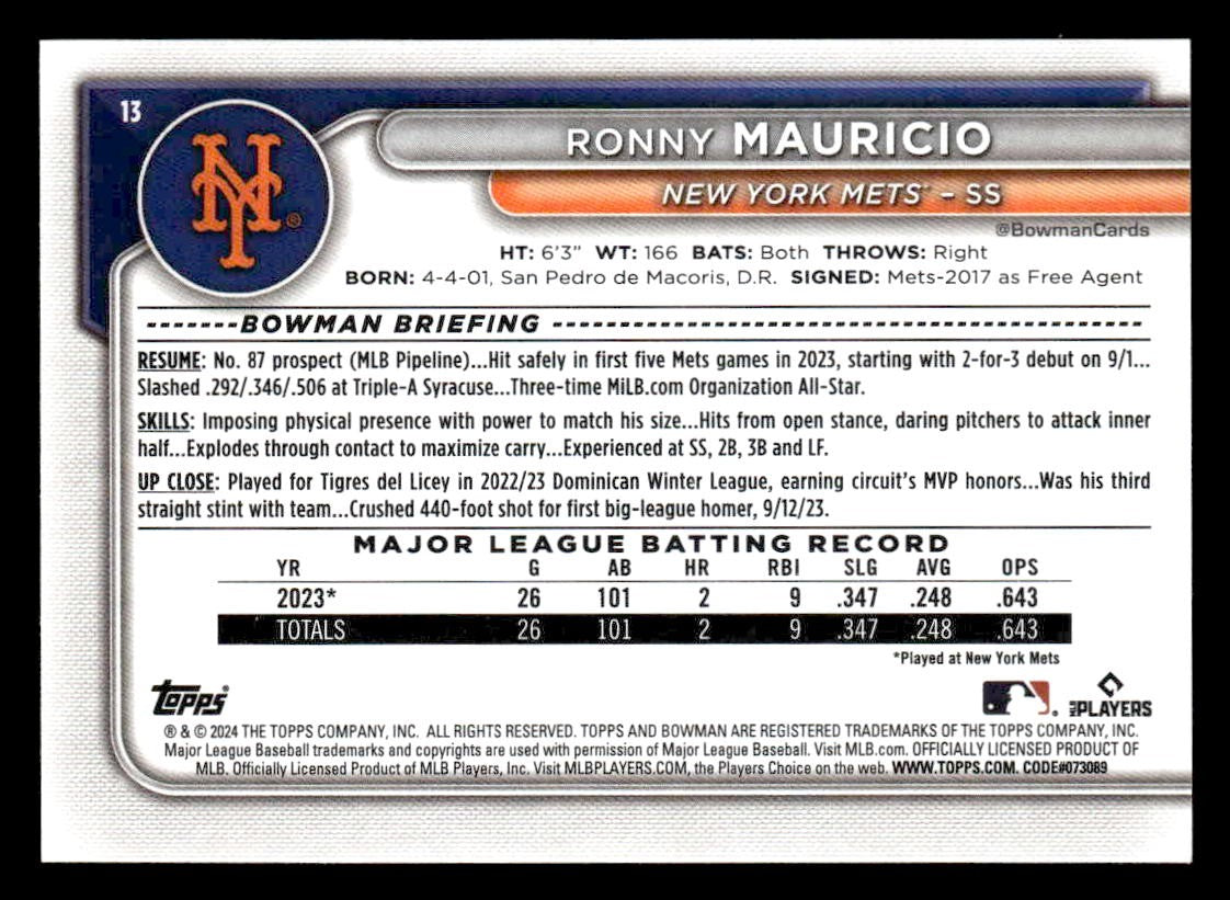 2024 Bowman #13 Ronny Mauricio