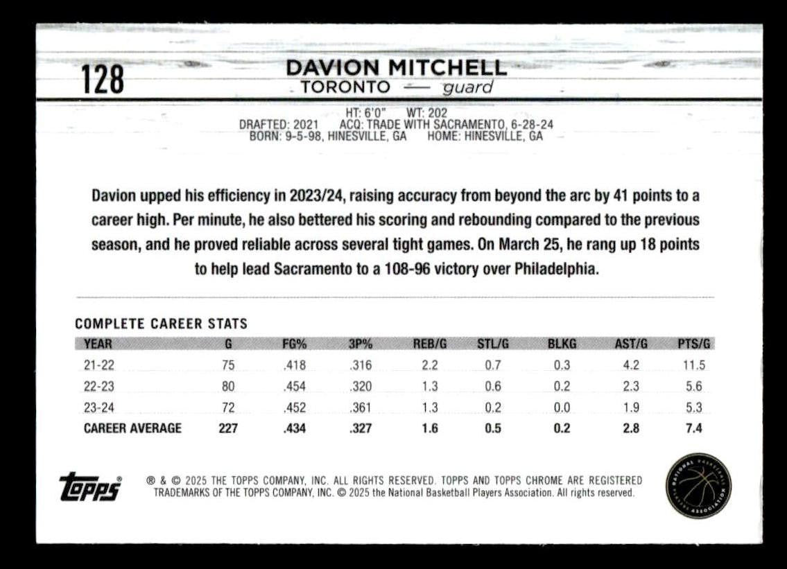 2024-25 Topps Chrome #128 Davion Mitchell Purple Refractor