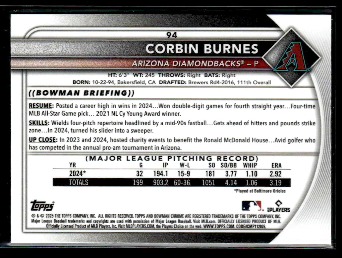 2025 Bowman Chrome #94 Corbin Burnes