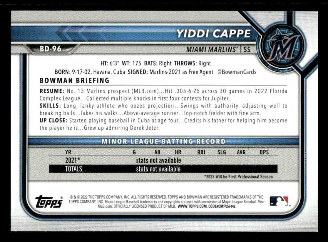 2022 Bowman Draft 1st Edition #BD-96 Yiddi Cappe