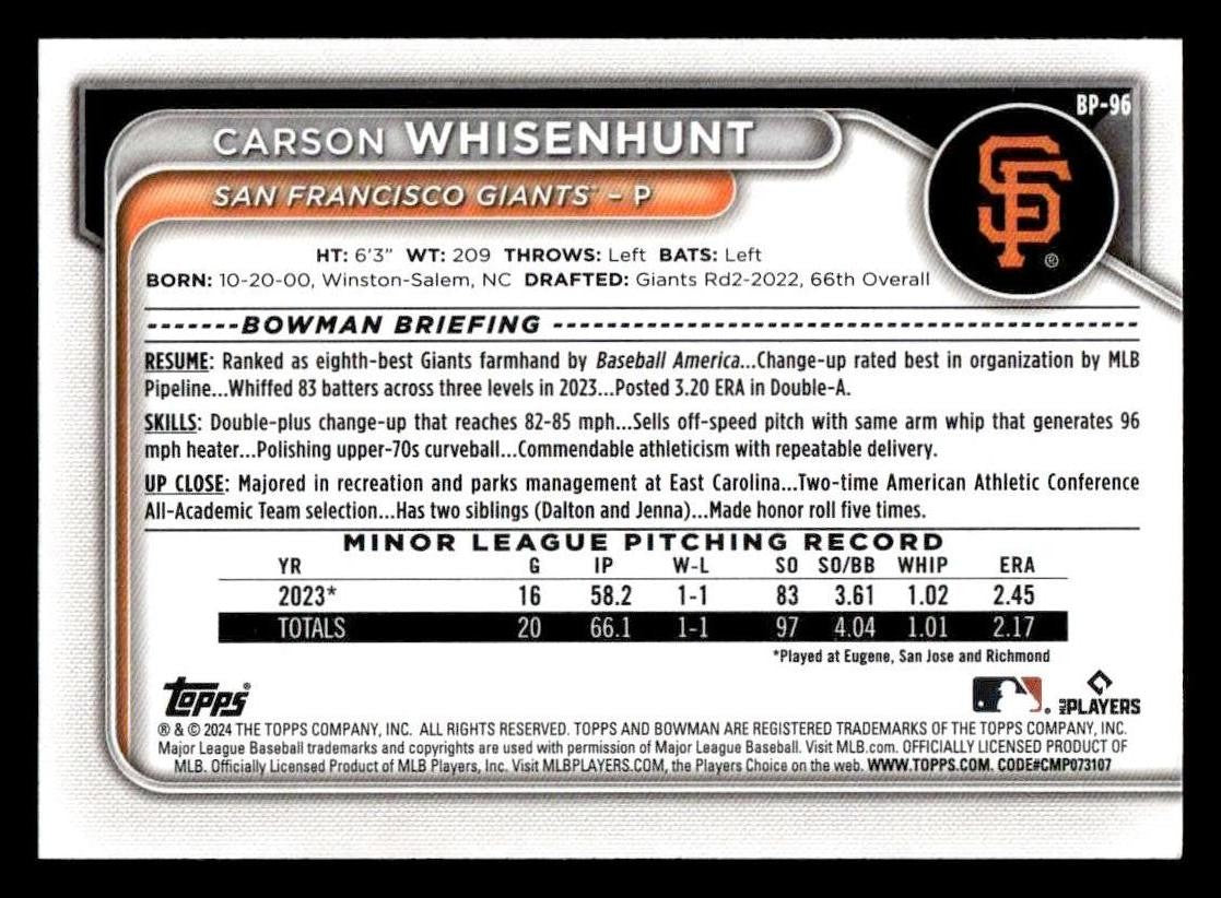 2024 Bowman #BP-96 Carson Whisenhunt Prospects