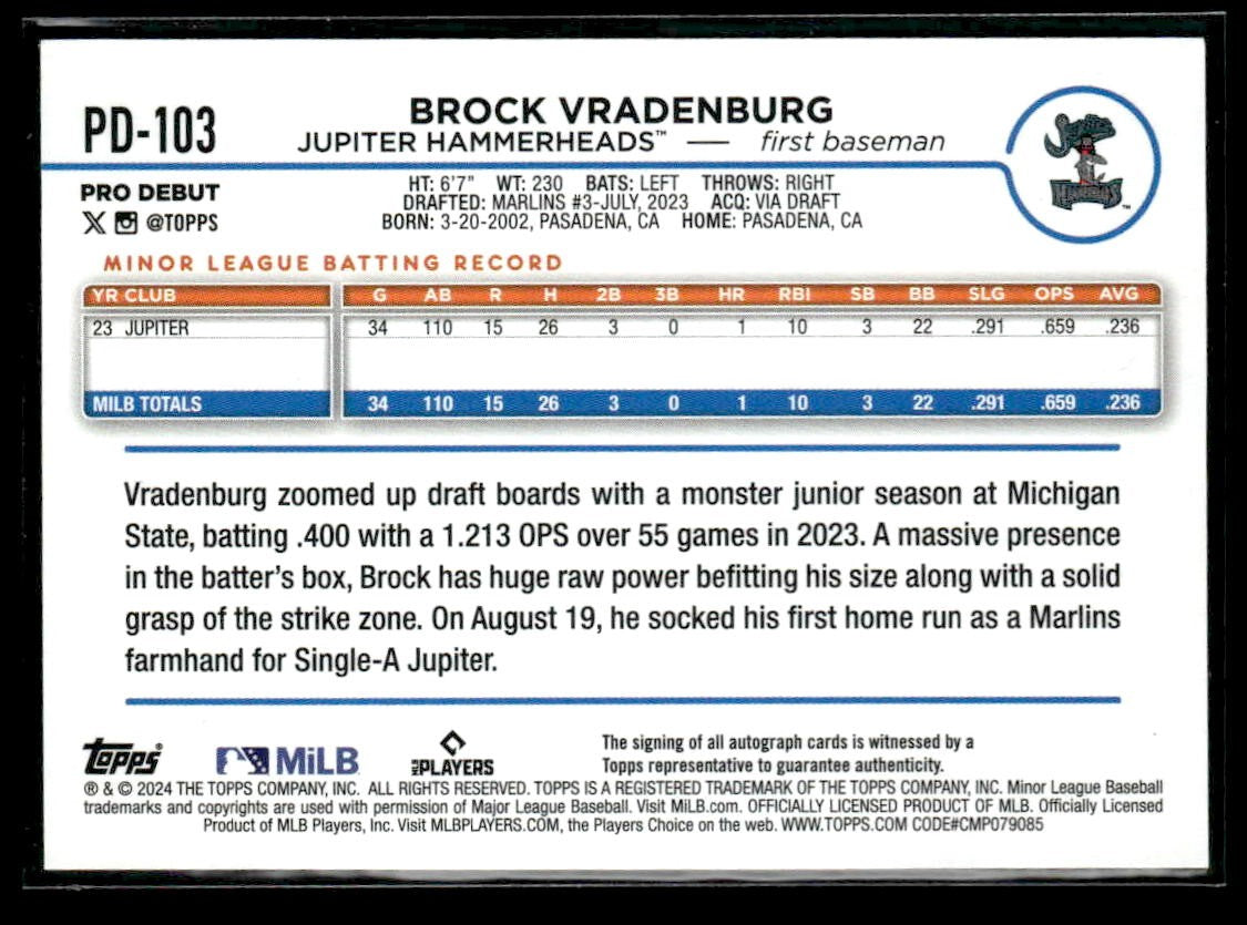 2024 Topps Pro Debut #PD-103 Brock Vradenburg Autographs
