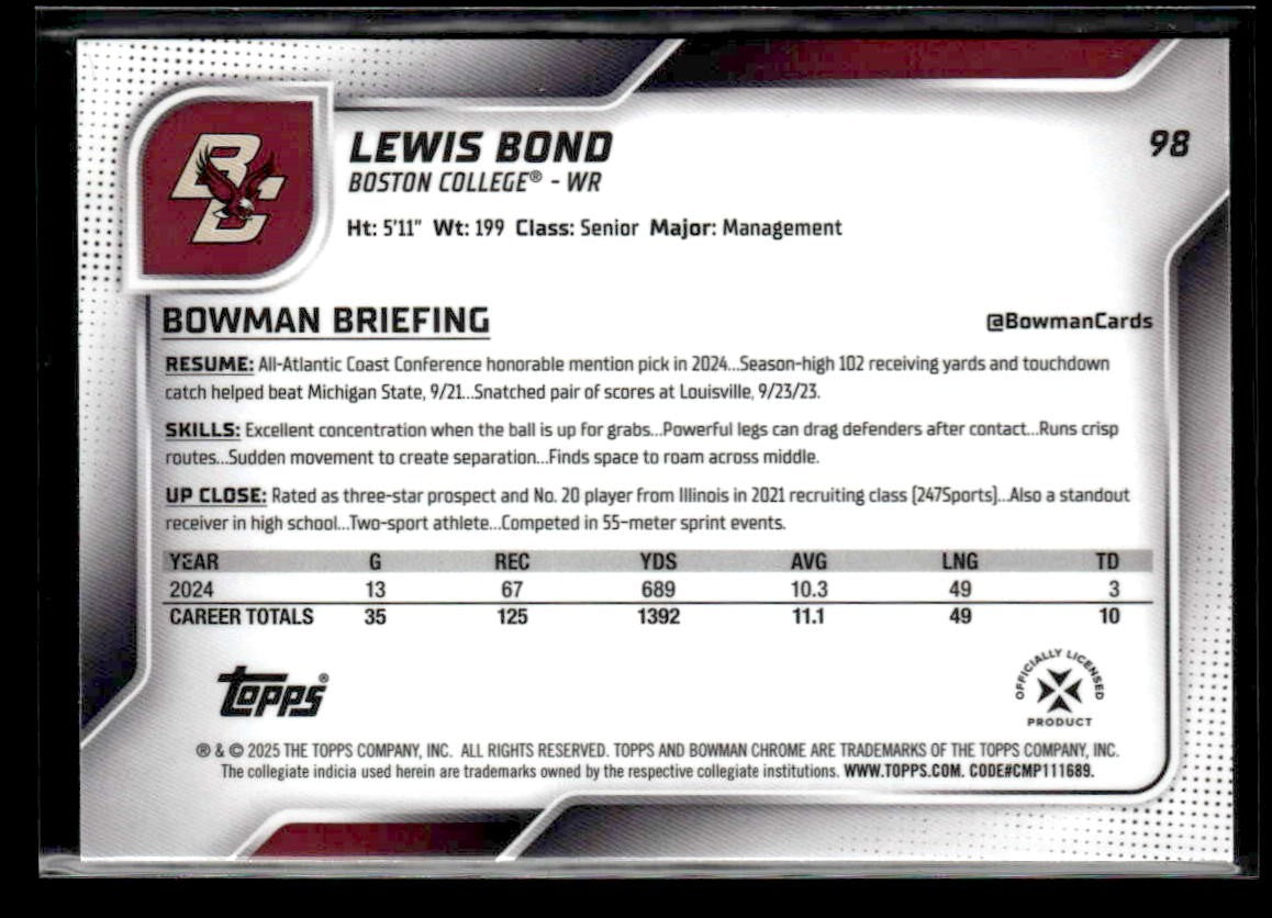 2025 Bowman University Chrome #98 Lewis Bond