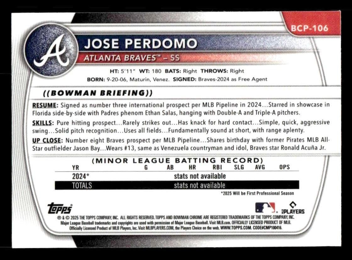 2025 Bowman #BCP-106 Jose Perdomo Chrome Prospects