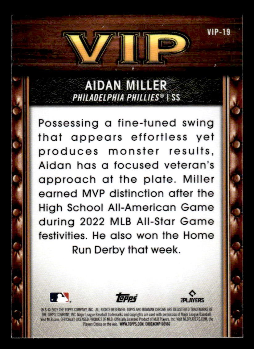 2025 Bowman #VIP-19 Aidan Miller Very Important Prospects Mega Refractor