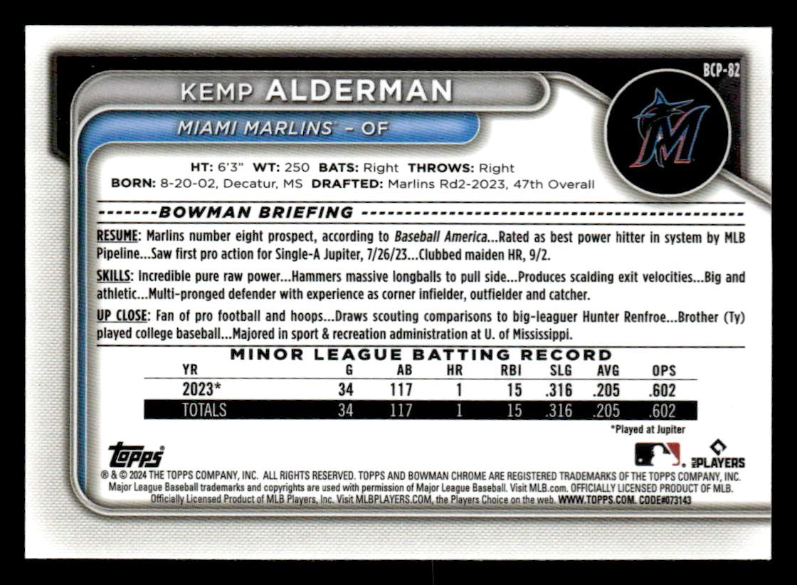2024 Bowman #BCP-82 Kemp Alderman Chrome Prospects