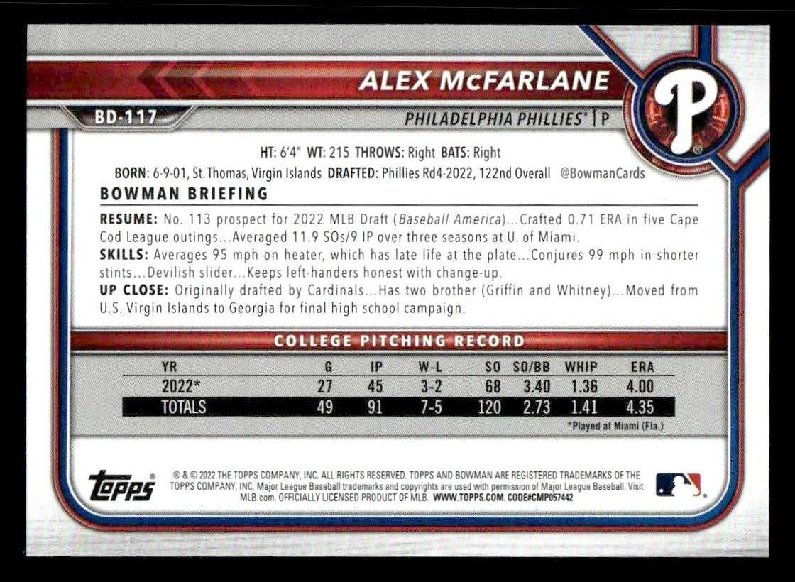 2022 Bowman Draft 1st Edition #BD-117 Alex McFarlane