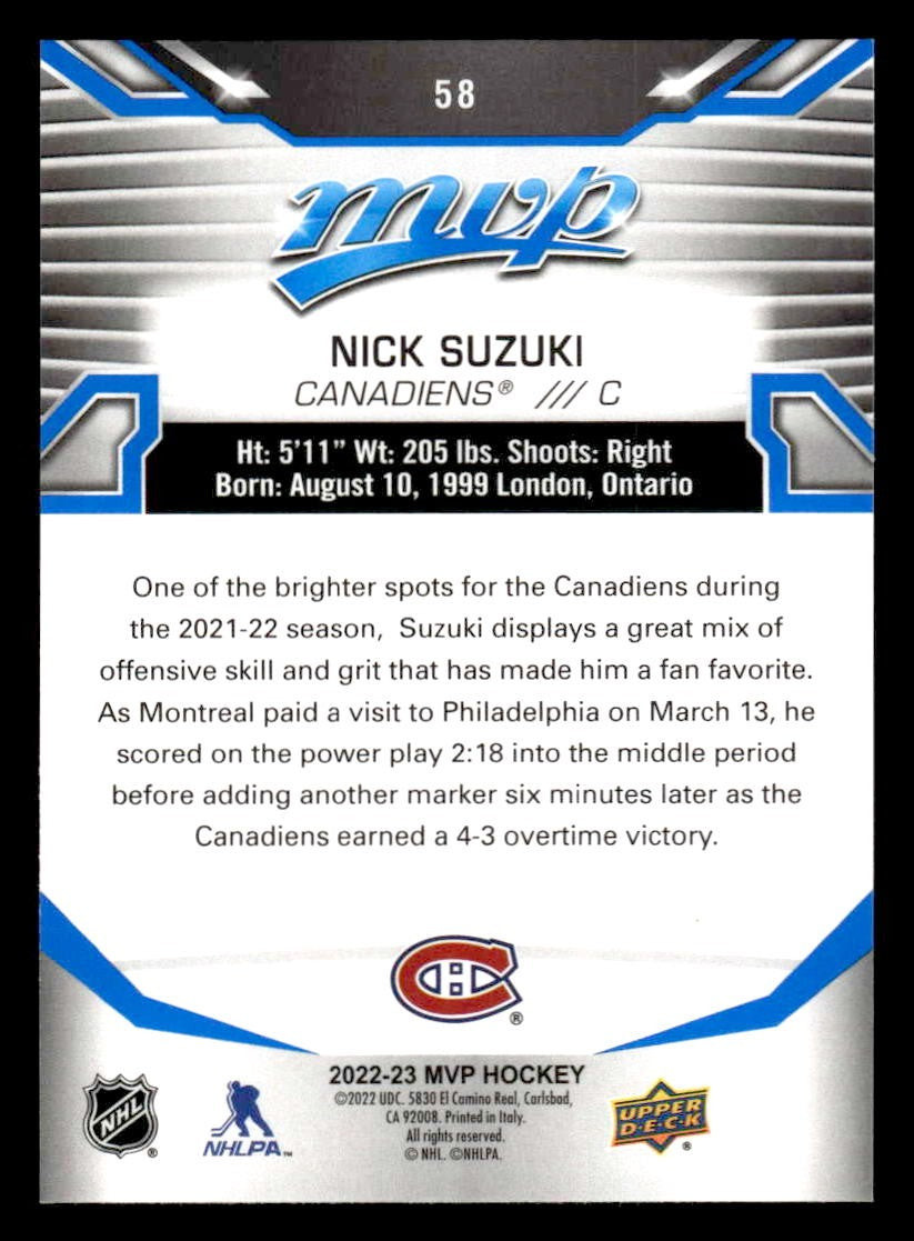 2022-23 Upper Deck MVP #58 Nick Suzuki Blue Script