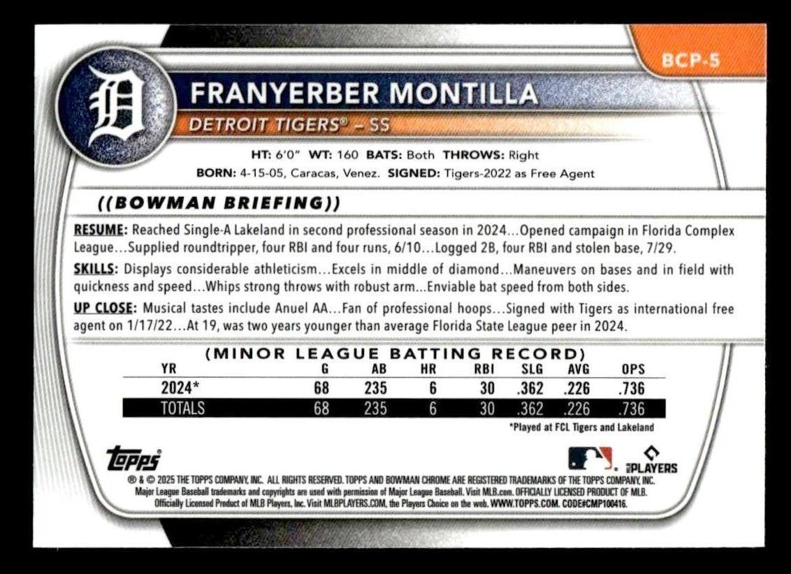 2025 Bowman #BCP-5 Franyerber Montilla Chrome Prospects