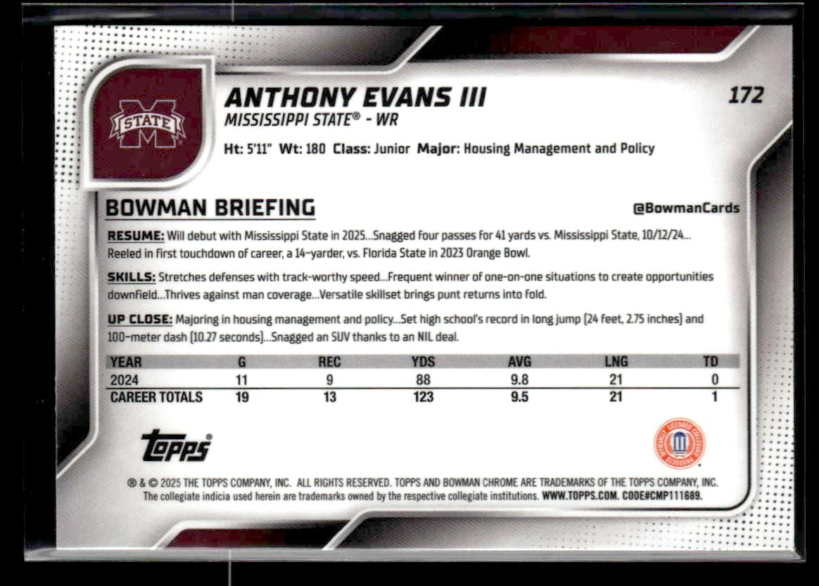 2025 Bowman University Chrome #172 Anthony Evans III