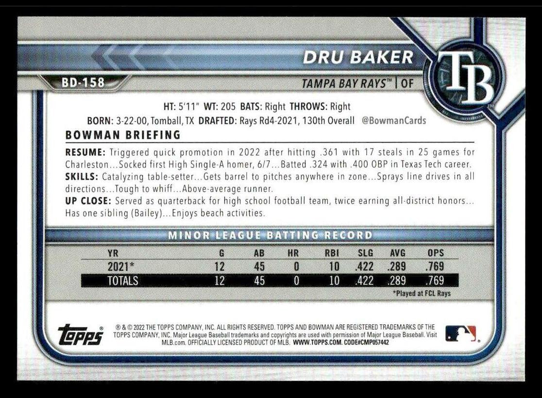 2022 Bowman Draft 1st Edition #BD-158 Dru Baker