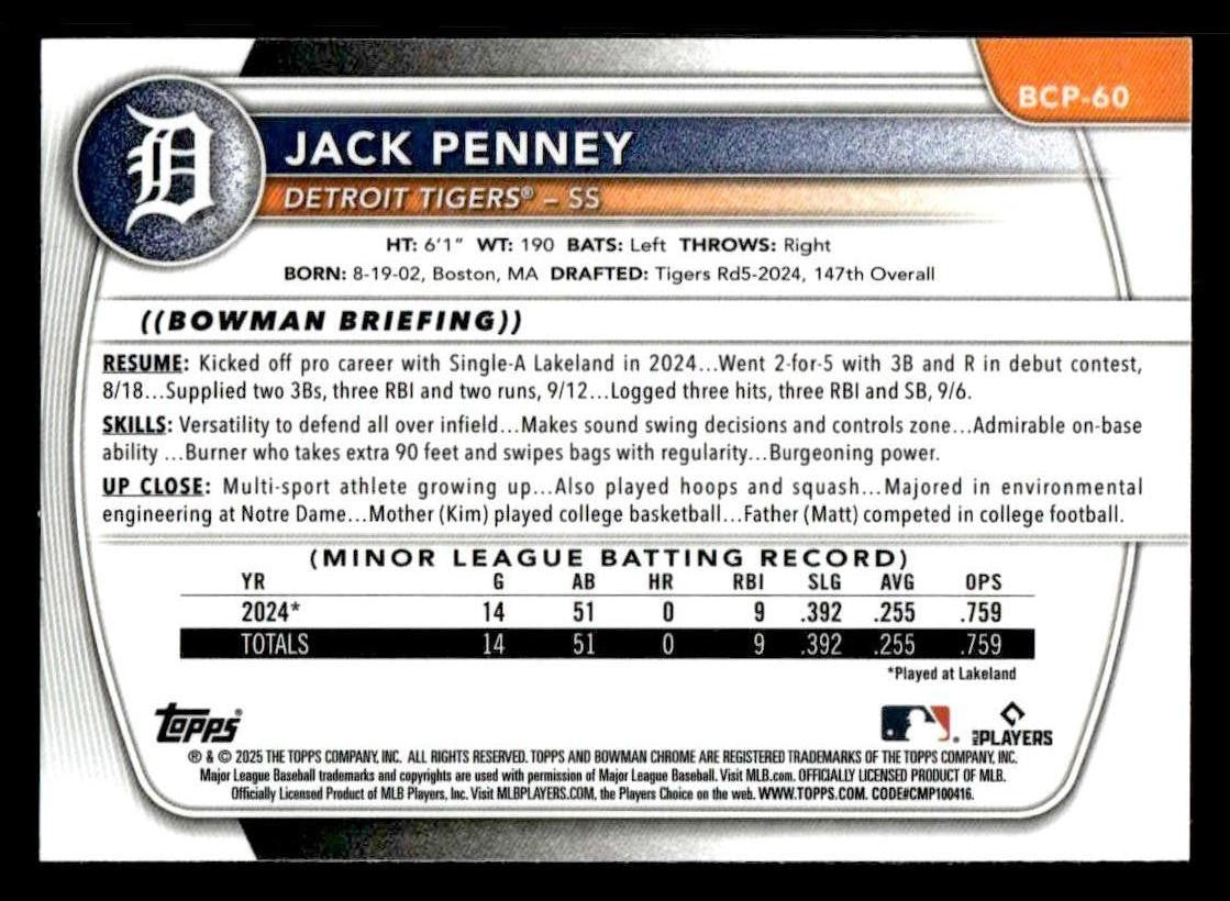 2025 Bowman #BCP-60 Jack Penney Chrome Prospects