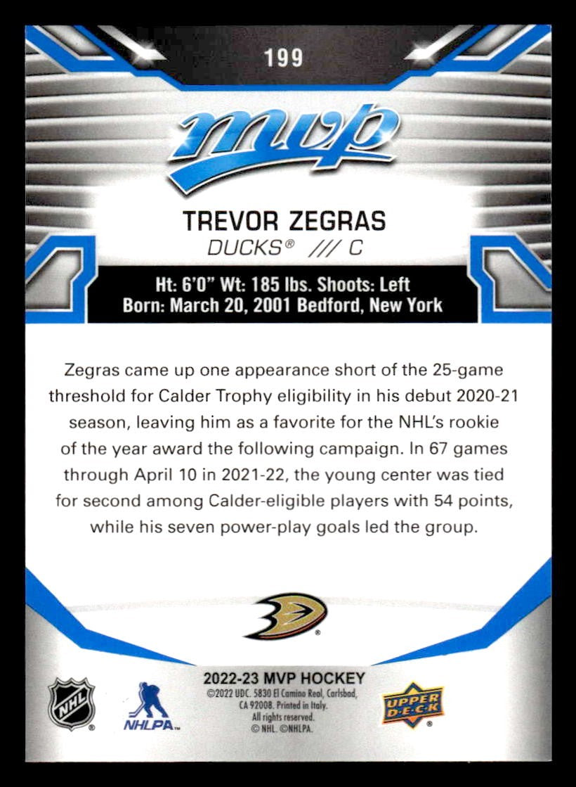 2022-23 Upper Deck MVP #199 Trevor Zegras Blue Script
