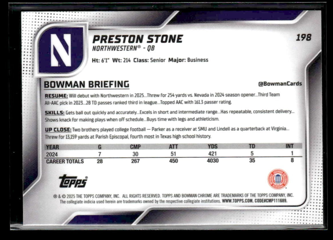 2025 Bowman University Chrome #198 Preston Stone
