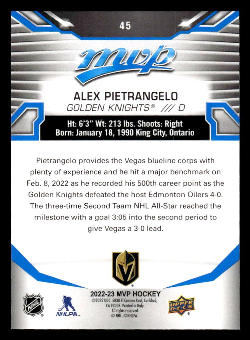 2022-23 Upper Deck MVP #45 Alex Pietrangelo Blue Script
