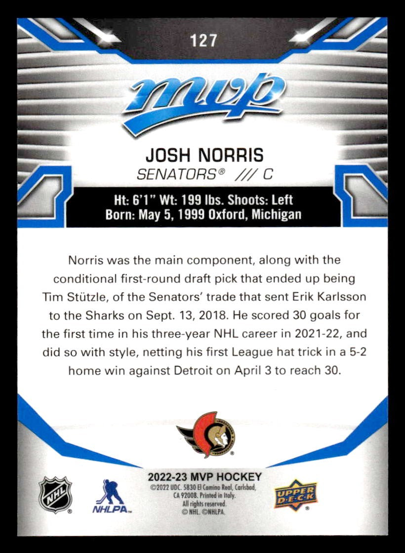 2022-23 Upper Deck MVP #127 Josh Norris Blue Script