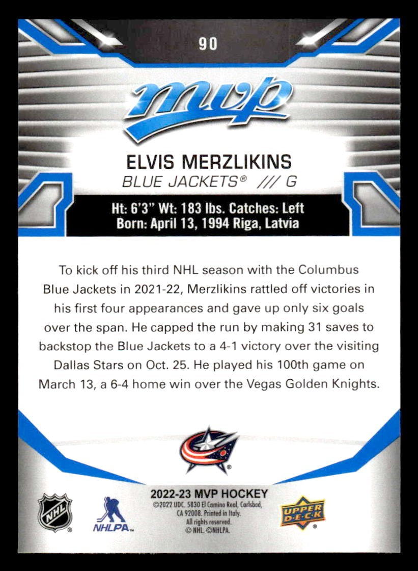 2022-23 Upper Deck MVP #90 Elvis Merzlikins Blue Script