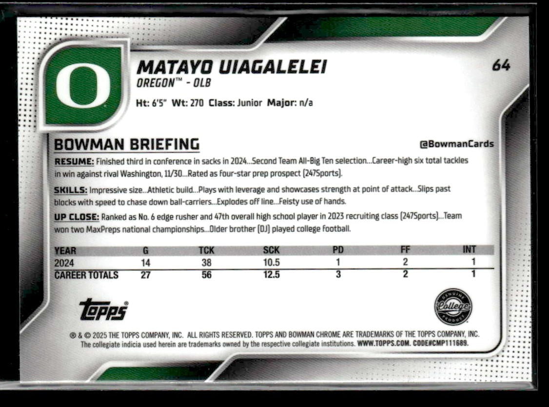 2025 Bowman University Chrome #64 Matayo Uiagalelei
