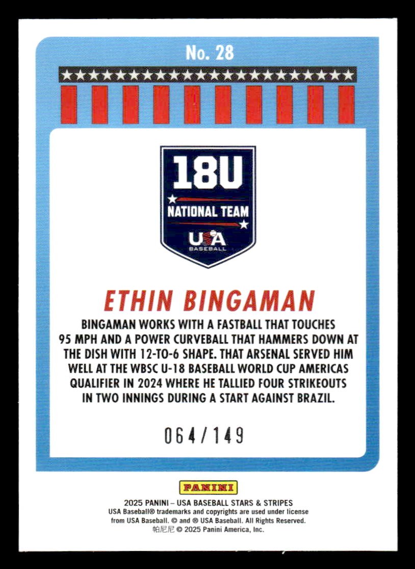 2025 Panini Stars and Stripes USA Baseball #28 Ethin Bingaman Blue #/149