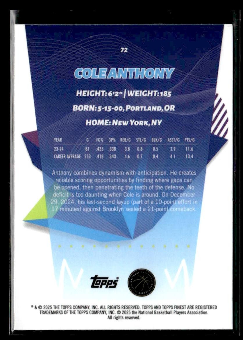 2024-25 Topps Finest #72 Cole Anthony