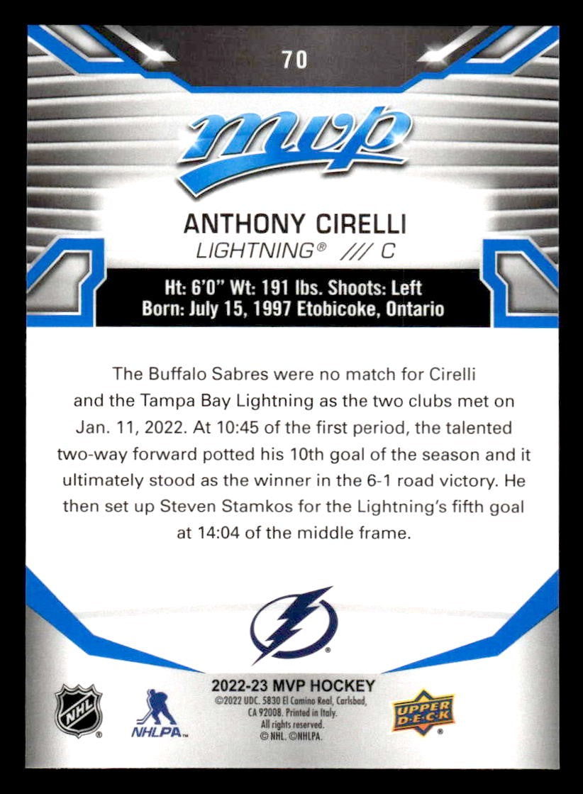 2022-23 Upper Deck MVP #70 Anthony Cirelli Blue Script