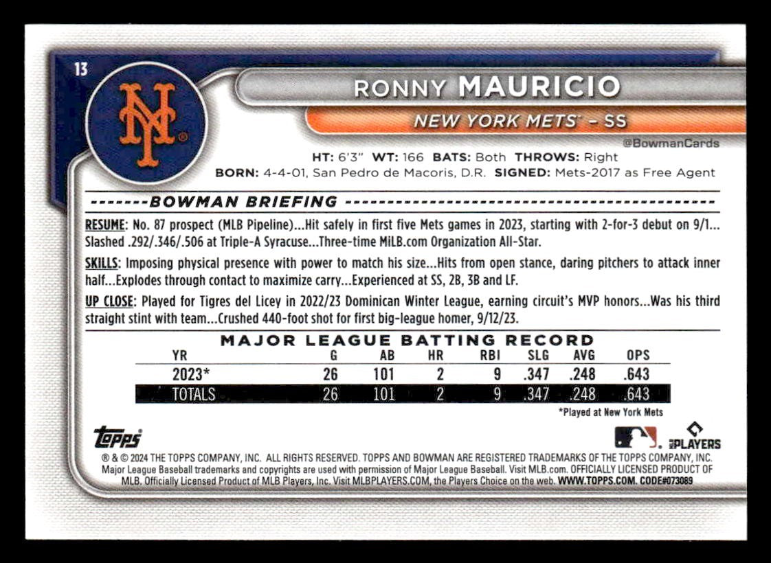 2024 Bowman #13 Ronny Mauricio