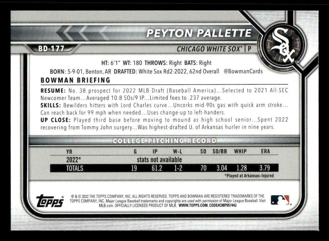 2022 Bowman Draft 1st Edition #BD-177 Peyton Pallette