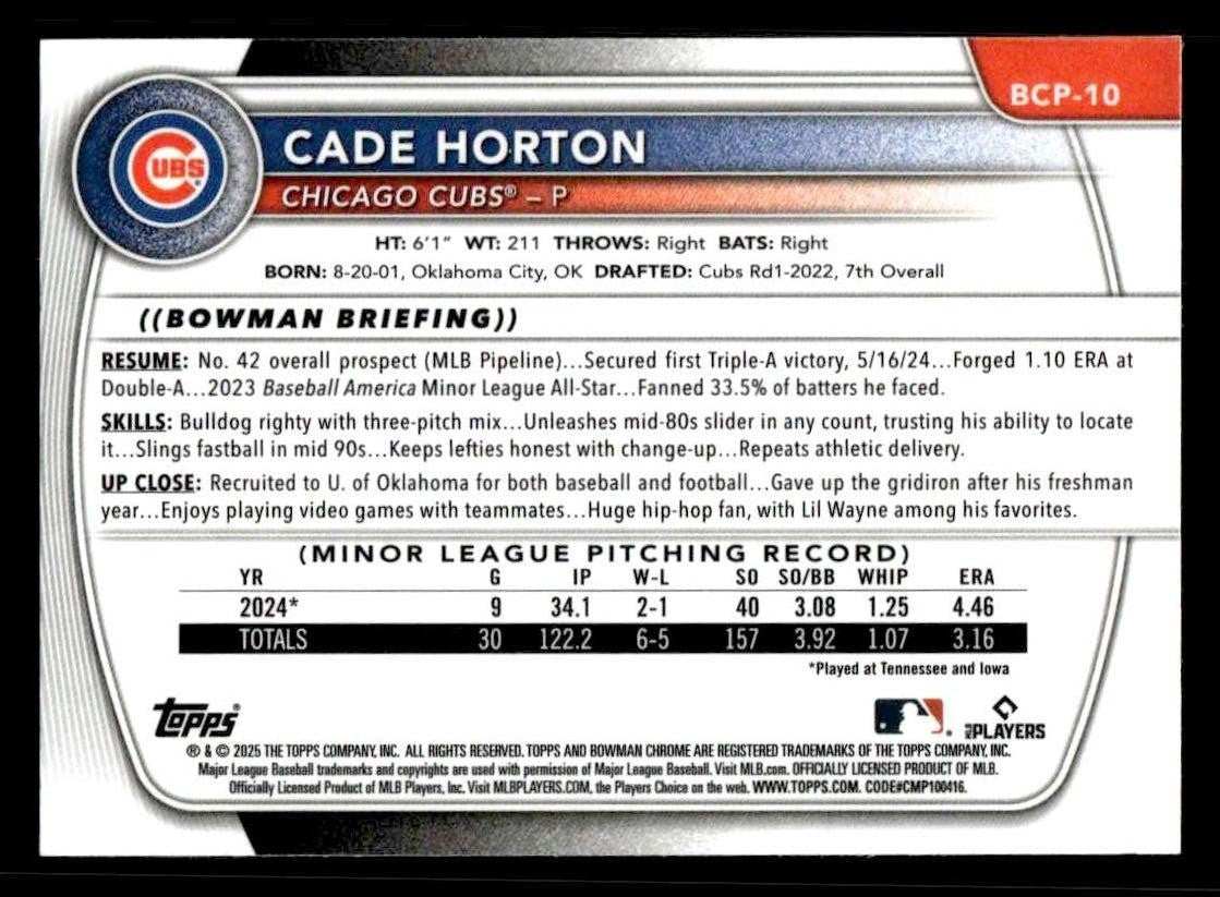 2025 Bowman #BCP-10 Cade Horton Chrome Prospects