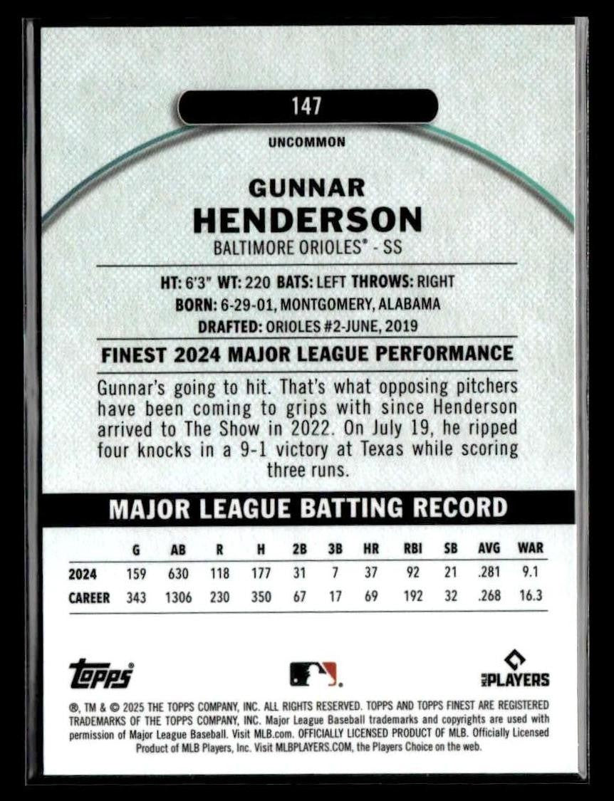 2025 Finest #147 Gunnar Henderson Blue Checkerboard #/75