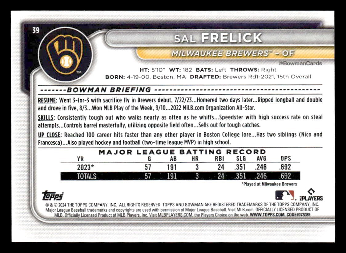 2024 Bowman #39 Sal Frelick