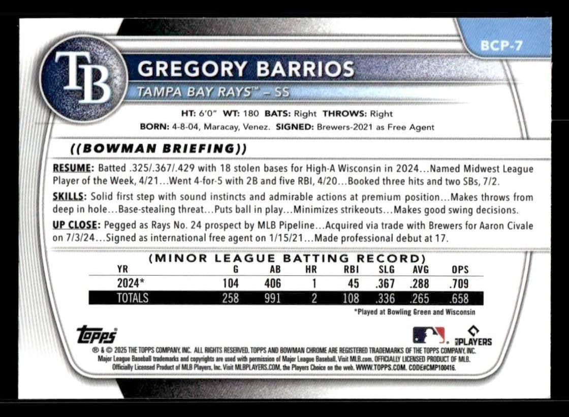 2025 Bowman #BCP-7 Gregory Barrios Chrome Prospects
