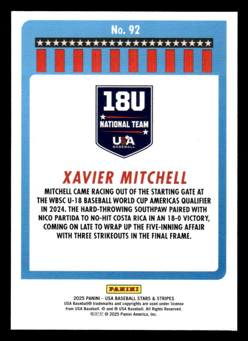 2025 Panini Stars and Stripes USA Baseball #92 Xavier Mitchell