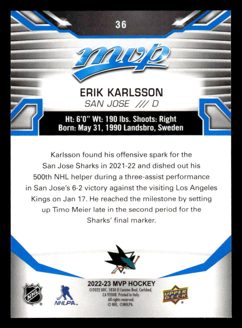 2022-23 Upper Deck MVP #36 Erik Karlsson Blue Script