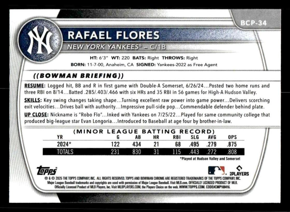 2025 Bowman #BCP-34 Rafael Flores Chrome Prospects