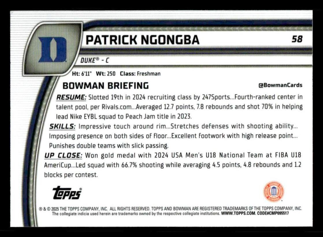 2024-25 Bowman University Chrome #58 Patrick Ngongba