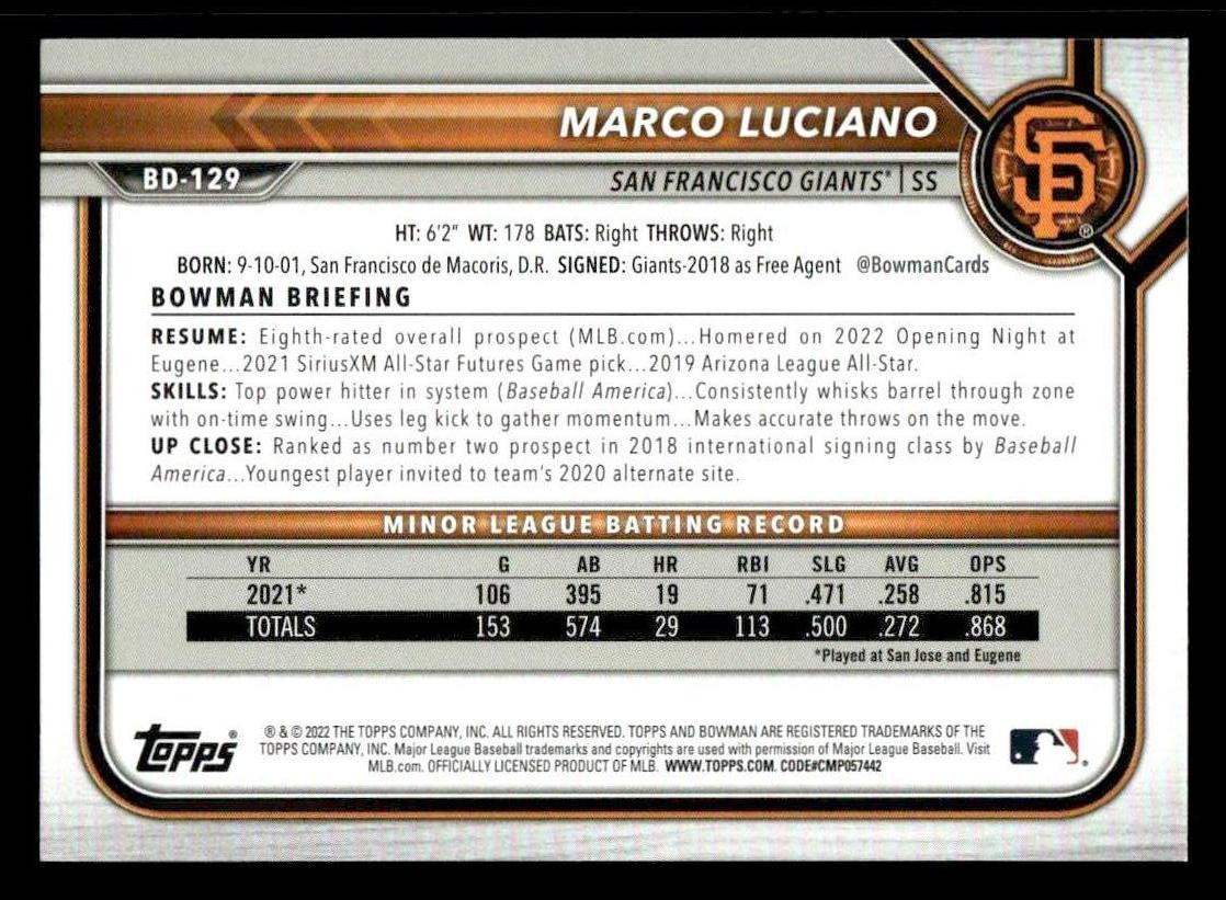 2022 Bowman Draft 1st Edition #BD-129 Marco Luciano